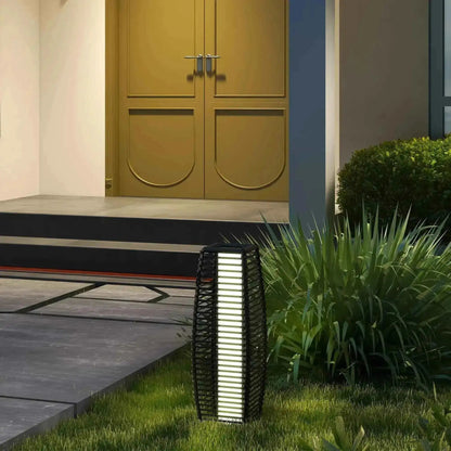 Black woven outsunny solar floor lamp with vertical led light strips and auto on off feature for outdoor use
