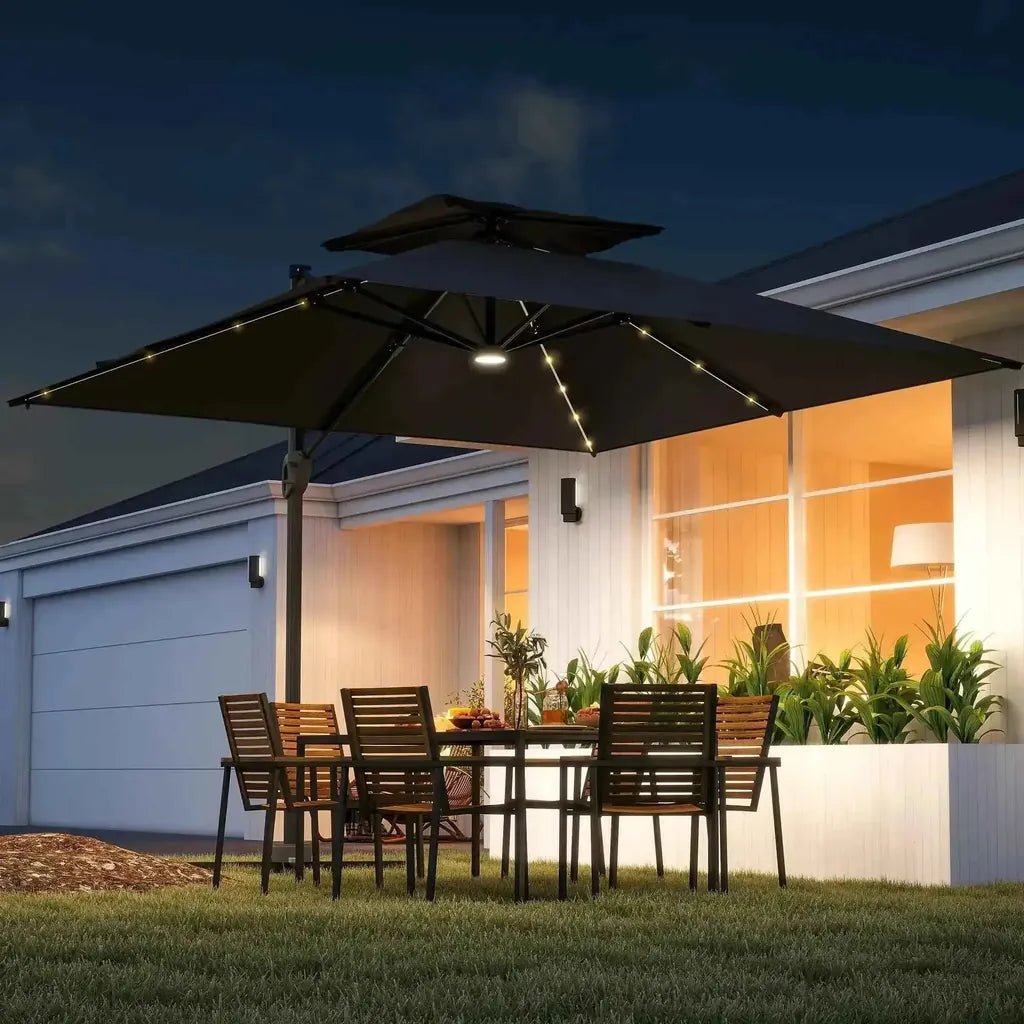 Outsunny black solar LED cantilever parasol with integrated string lights on a square patio umbrella
