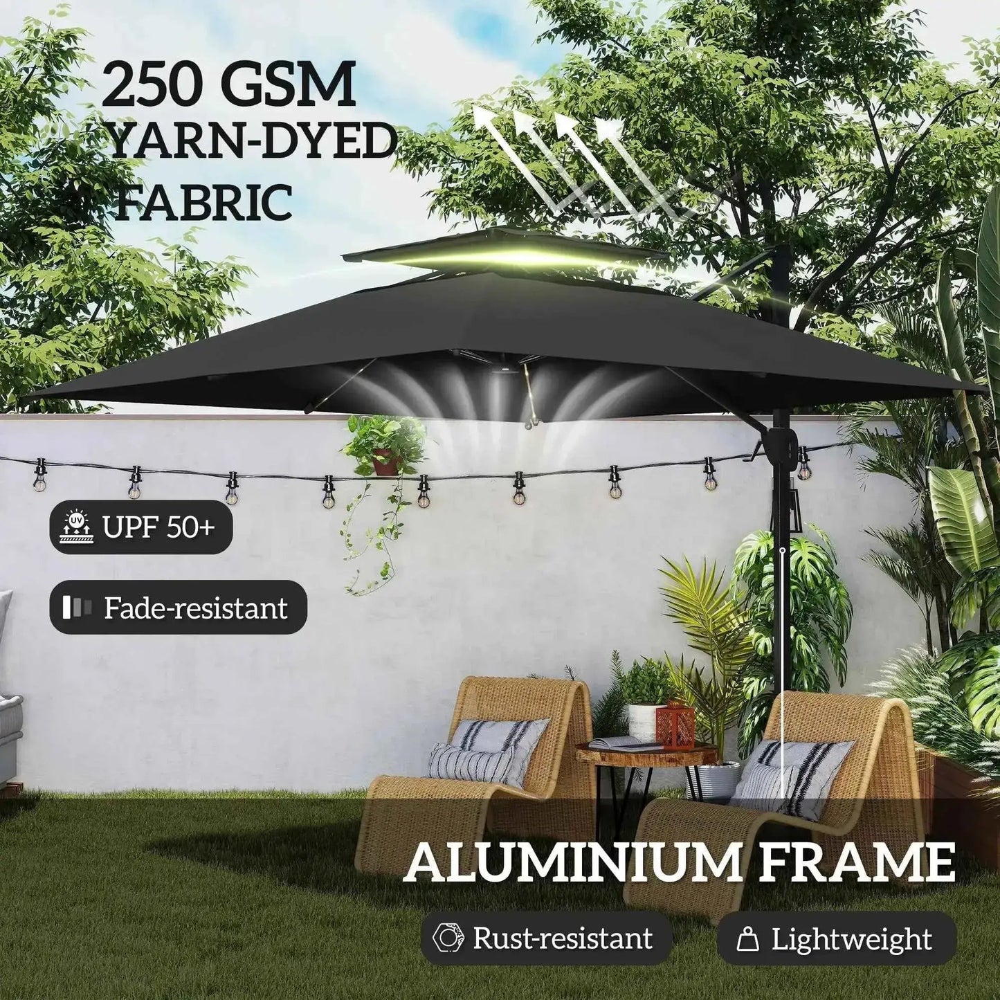 Outsunny Solar LED Cantilever Parasol - Black | 84D-433V00BK
