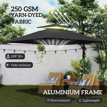 Black outsunny solar led cantilever parasol made of 250 gsm yarn-dyed fabric with aluminum frame