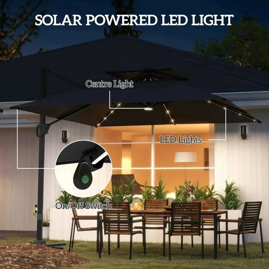 Outsunny solar LED cantilever parasol in black with a sleek modern design and warm glowing solar-powered led light