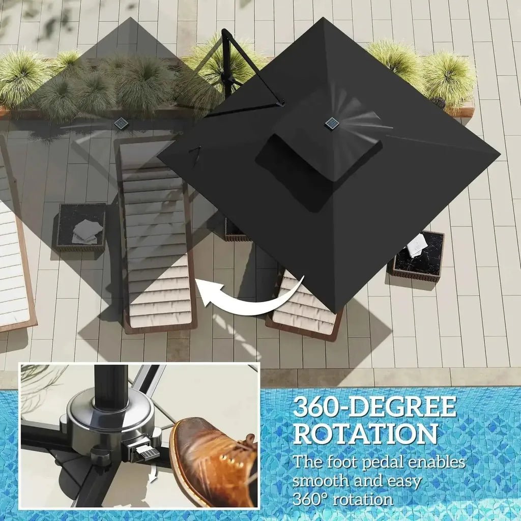 Black outsunny solar led cantilever parasol with foot pedal for 360-degree rotation and square patio umbrella design