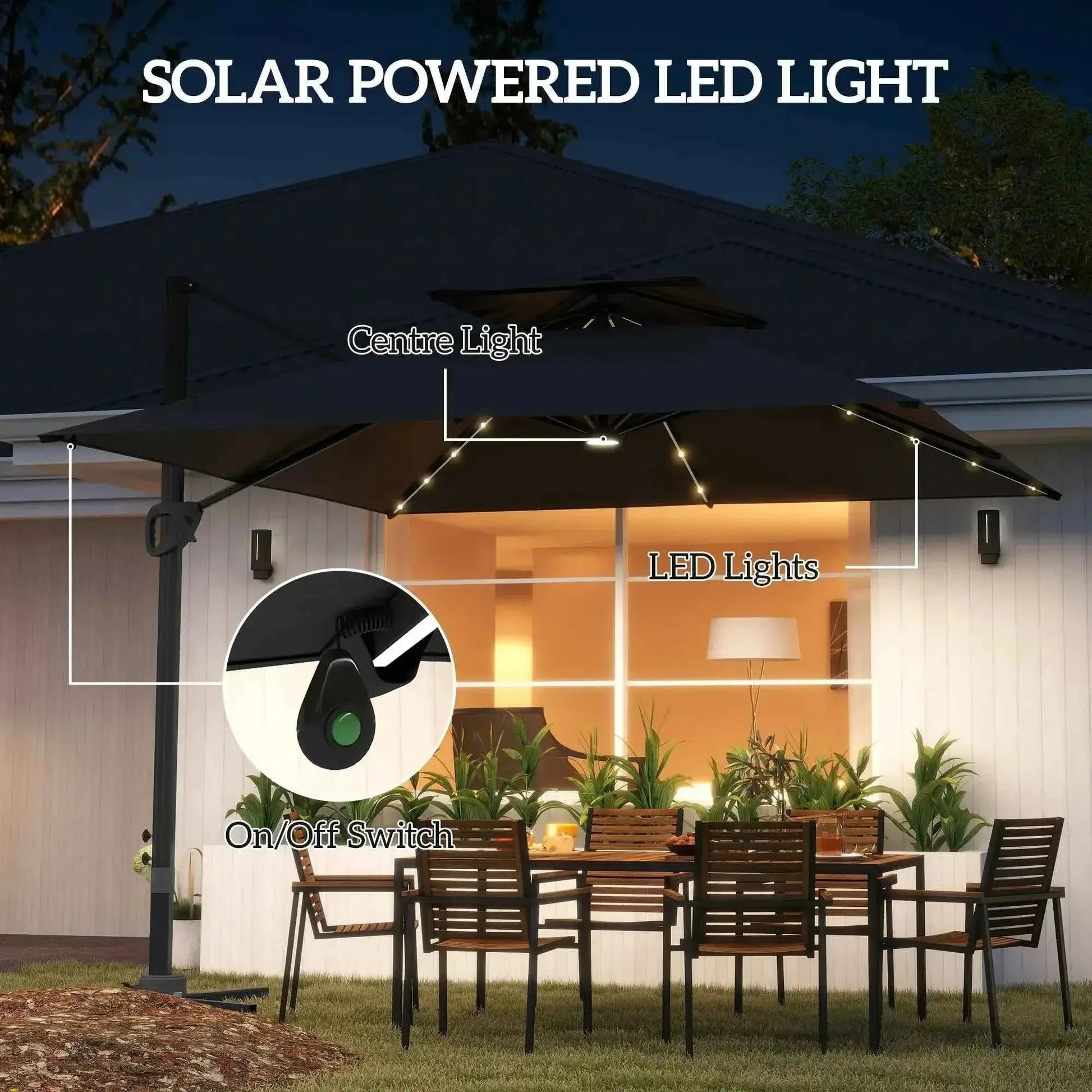 Outsunny Solar LED Cantilever Parasol - Black | 84D-433V00BK