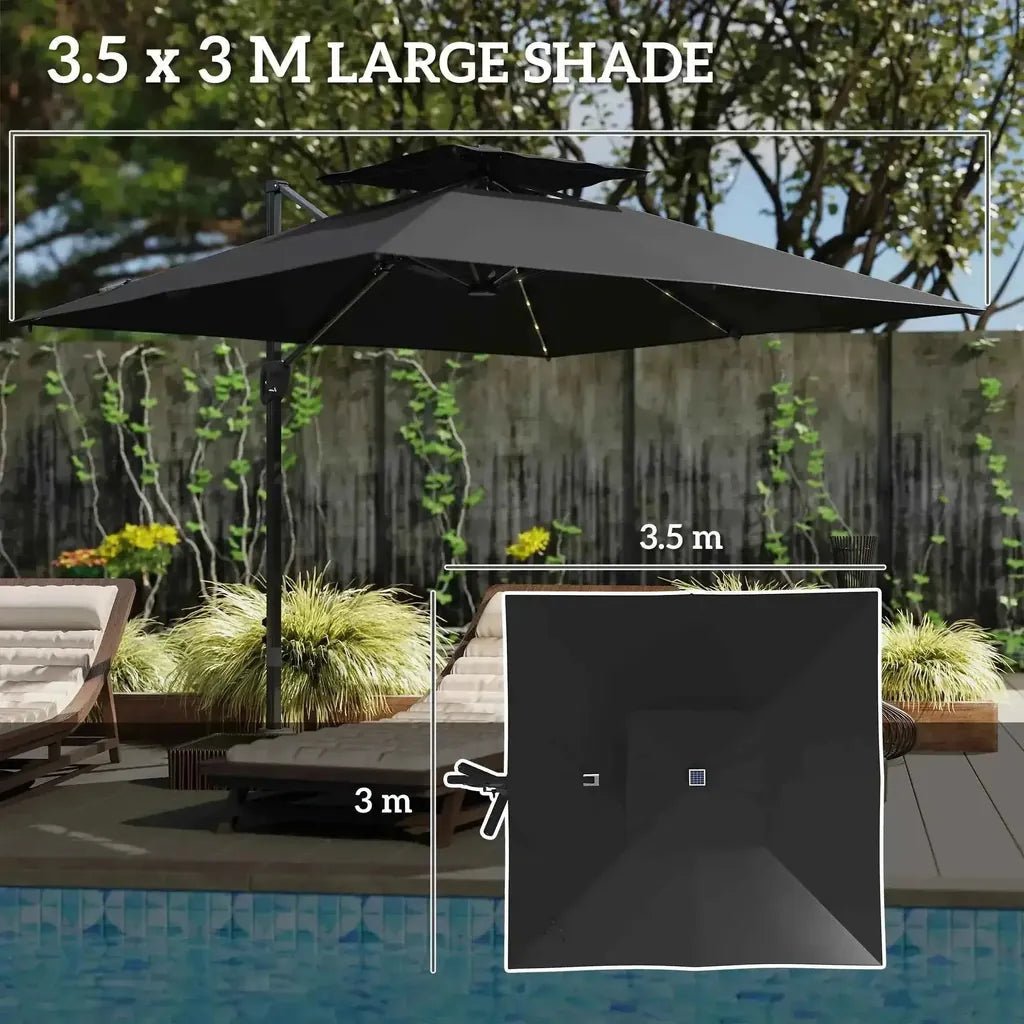 Outsunny solar led cantilever parasol black with dual-tiered canopy and sturdy metal frame made of black fabric