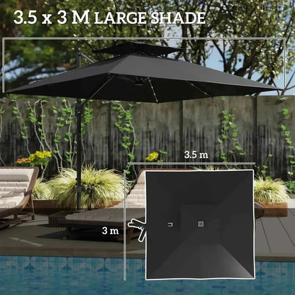 Outsunny solar led cantilever parasol black with dual-tiered canopy and sturdy metal frame made of black fabric