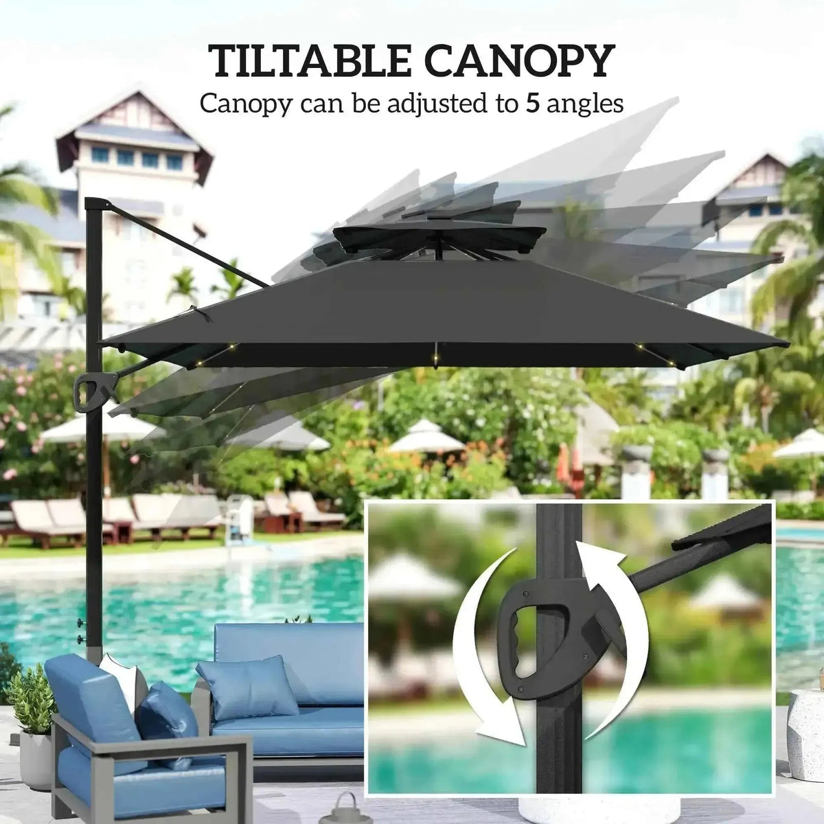 Outsunny solar led cantilever parasol in black with tiltable canopy and sturdy pole for outdoor poolside use