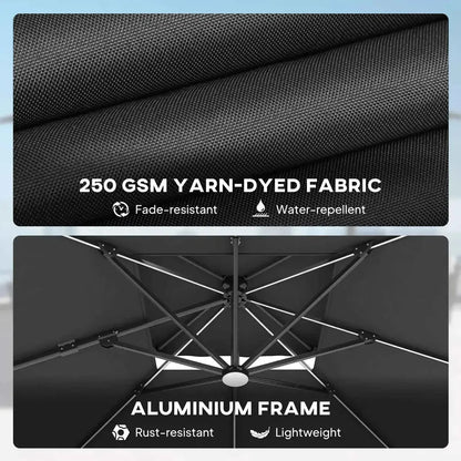 Outsunny solar led cantilever parasol with black 250 gsm yarn-dyed fabric and aluminum frame in dark grey