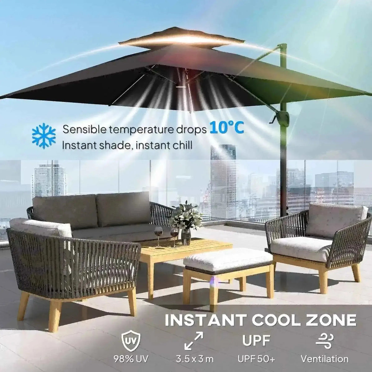 Outsunny solar led cantilever parasol in dark grey fabric with integrated led lighting and ventilation features