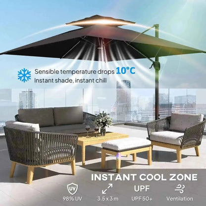 Outsunny solar led cantilever parasol in dark grey fabric with integrated led lighting and ventilation features