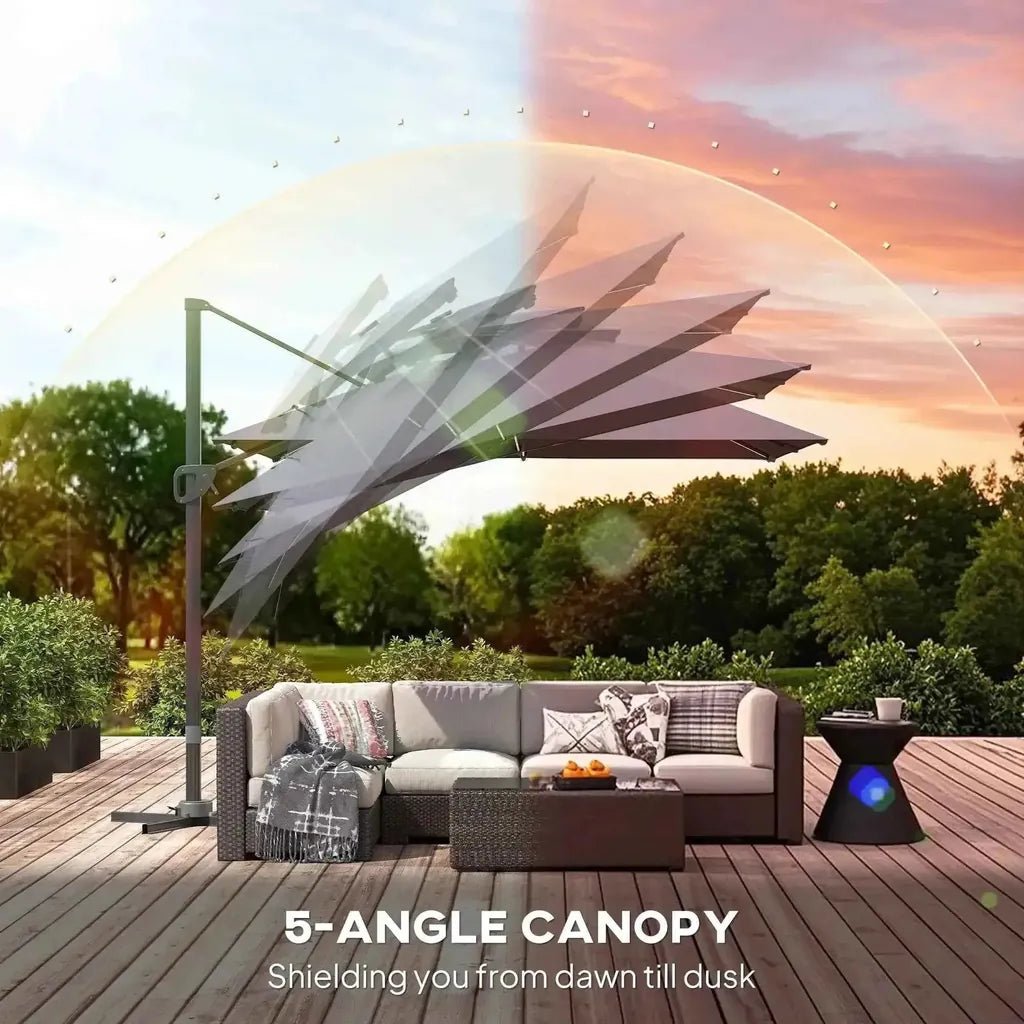A modern dark gray Outsunny solar LED cantilever patio umbrella with a sleek 5-angle canopy design