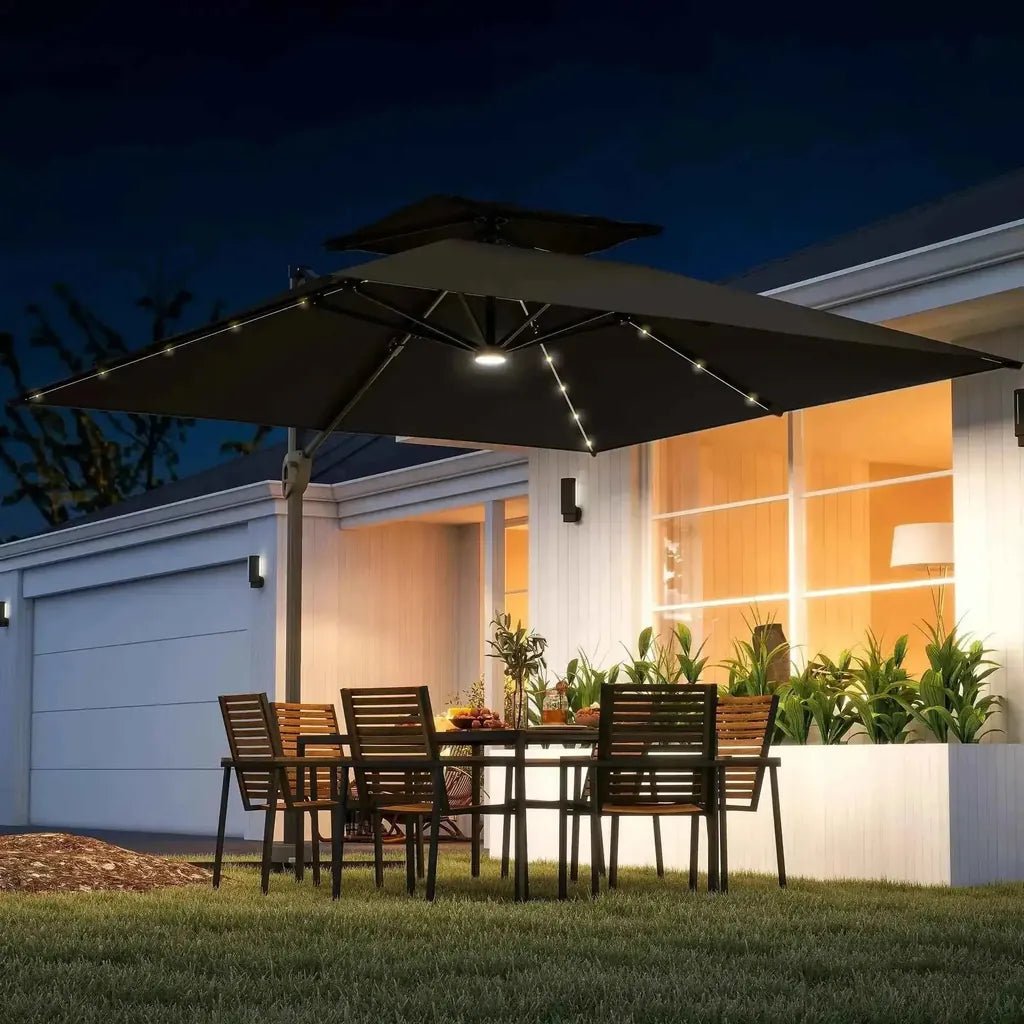 Black square outsunny solar led cantilever parasol with integrated led lights in dark grey for outdoor patio use