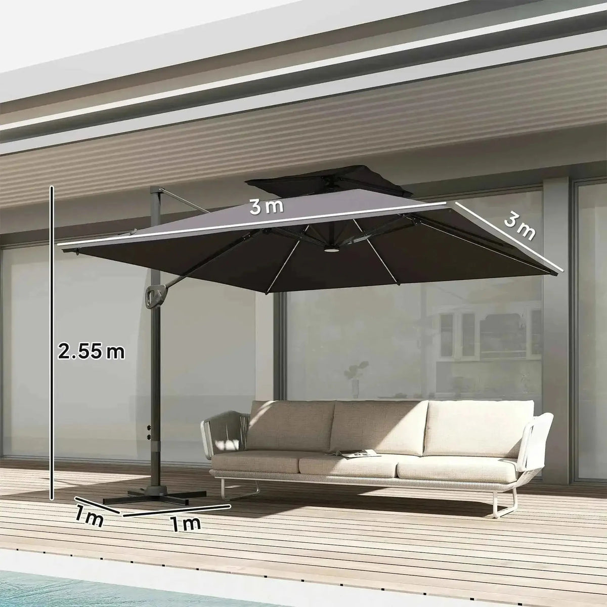 Outsunny solar led cantilever parasol dark grey with black square canopy and silver trim for outdoor patio use