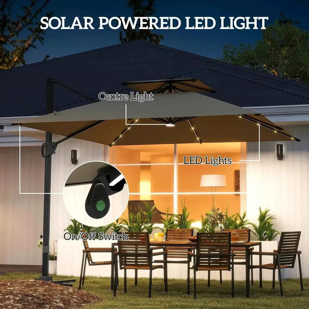 Beige outsunny solar led cantilever parasol with integrated center and edge lights and black pole switch