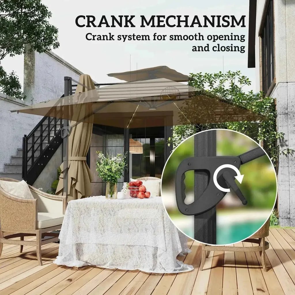 Black crank mechanism for smooth opening and closing of khaki outsunny solar led cantilever parasol