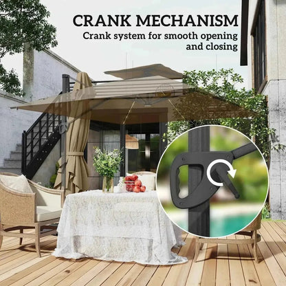Black crank mechanism for smooth opening and closing of khaki outsunny solar led cantilever parasol