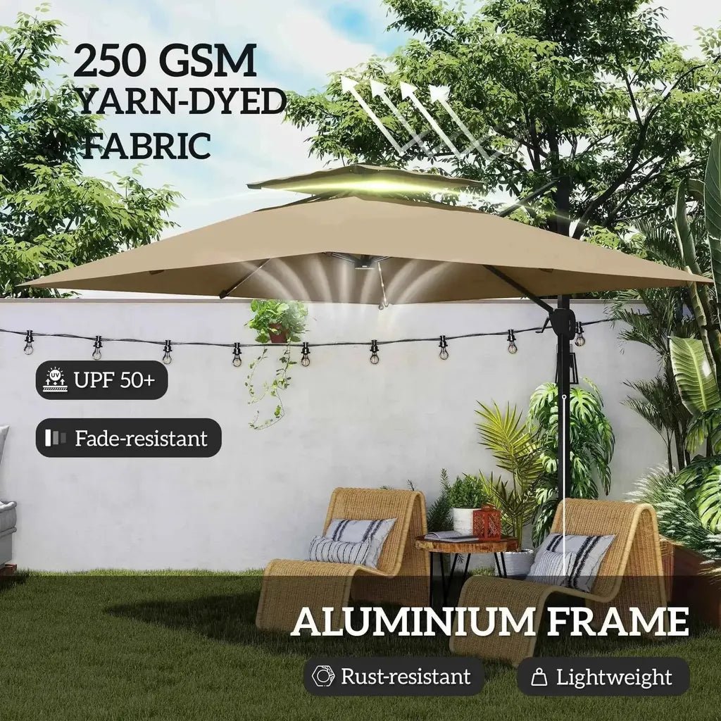 Beige outsunny solar led cantilever parasol with sturdy aluminum frame and 250 gsm yarn-dyed fabric in khaki