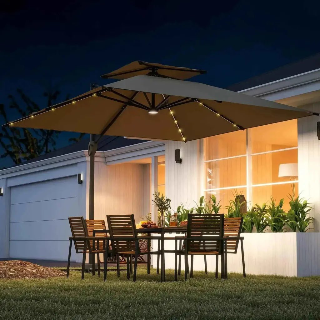 Beige outsunny solar led cantilever parasol with integrated string lights ideal for patio shading and lighting