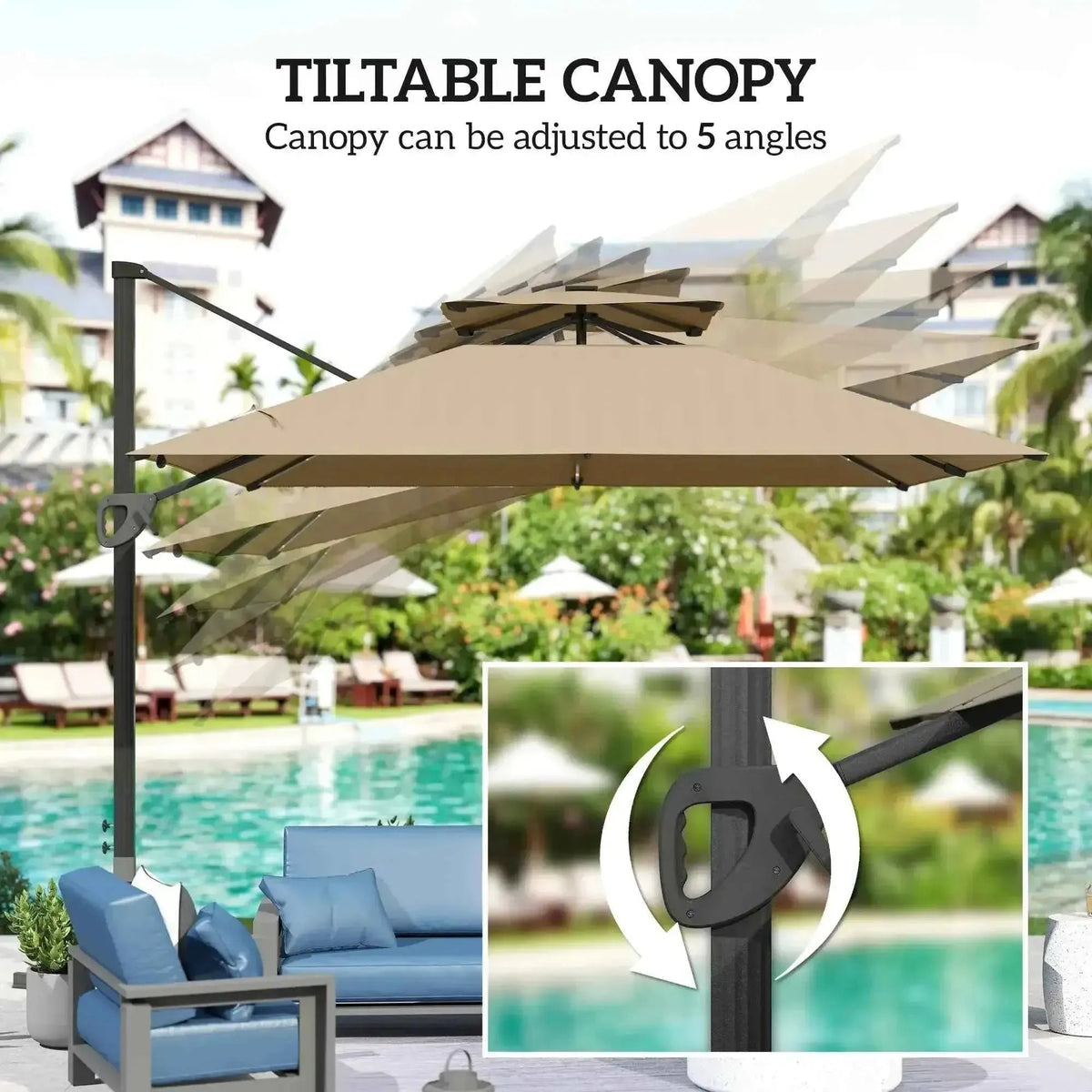 Beige tiltable canopy umbrella with black metal frame and adjustable angle from outsunny solar led cantilever parasol khaki