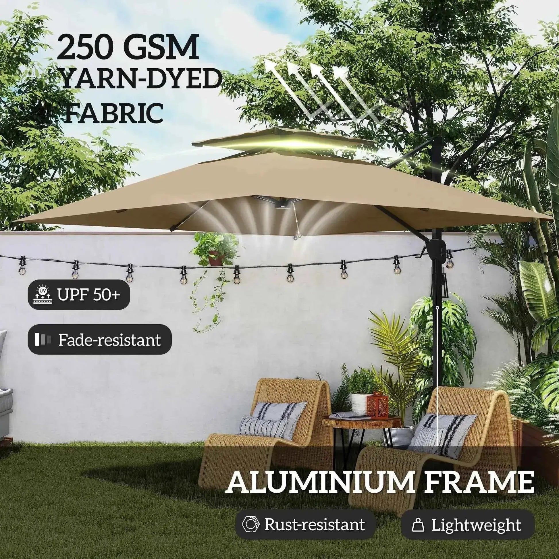 Outsunny Solar LED Cantilever Parasol - Khaki | 84D-433V00KK