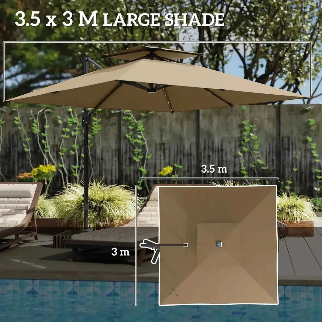 Beige outsunny solar led cantilever parasol with double-tiered canopy metal frame for outdoor poolside use