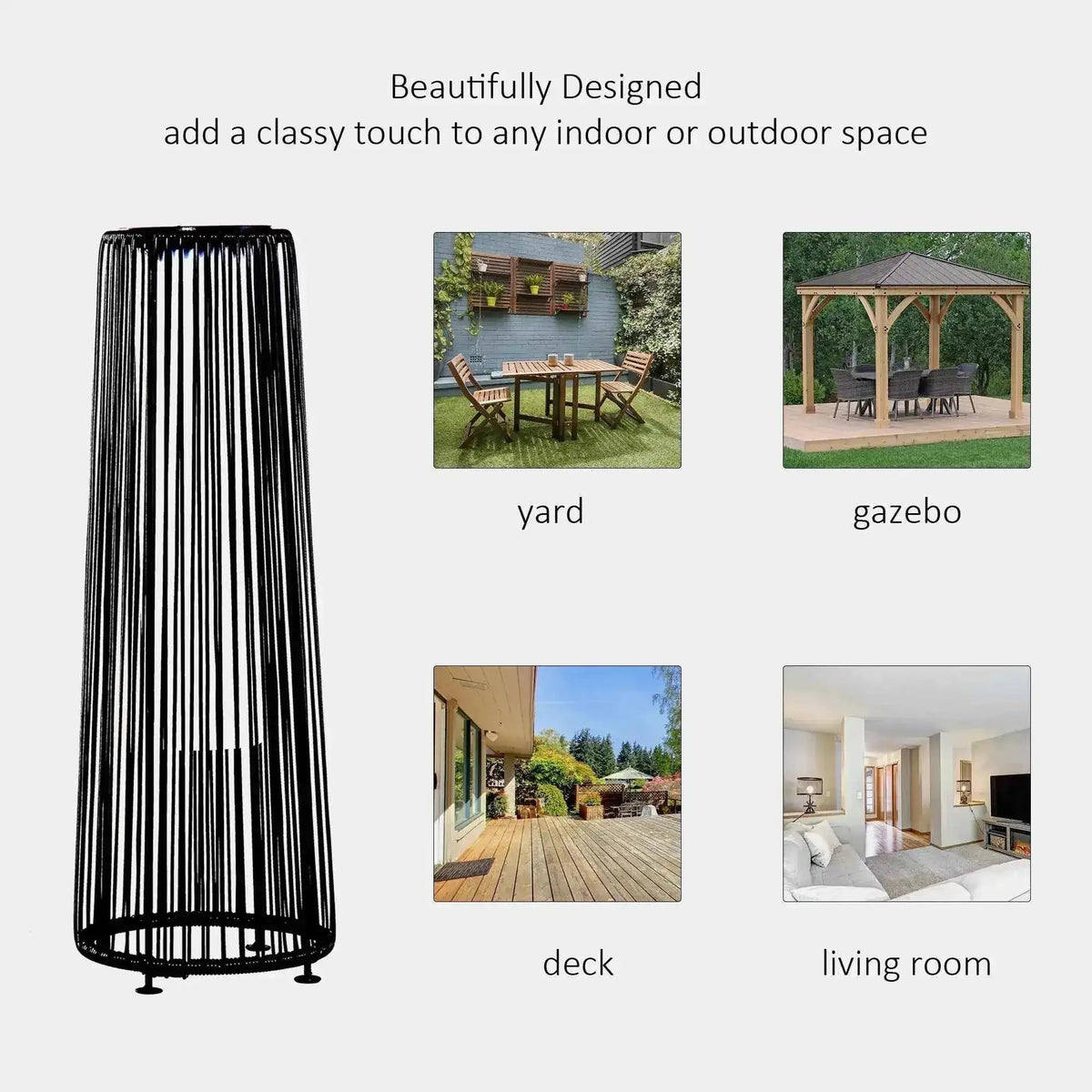 Black cylindical floor lamp with vertical slats and modern design featured in outsunny solar powered woven resin wicker lantern