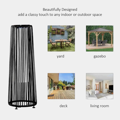 Black cylindical floor lamp with vertical slats and modern design featured in outsunny solar powered woven resin wicker lantern