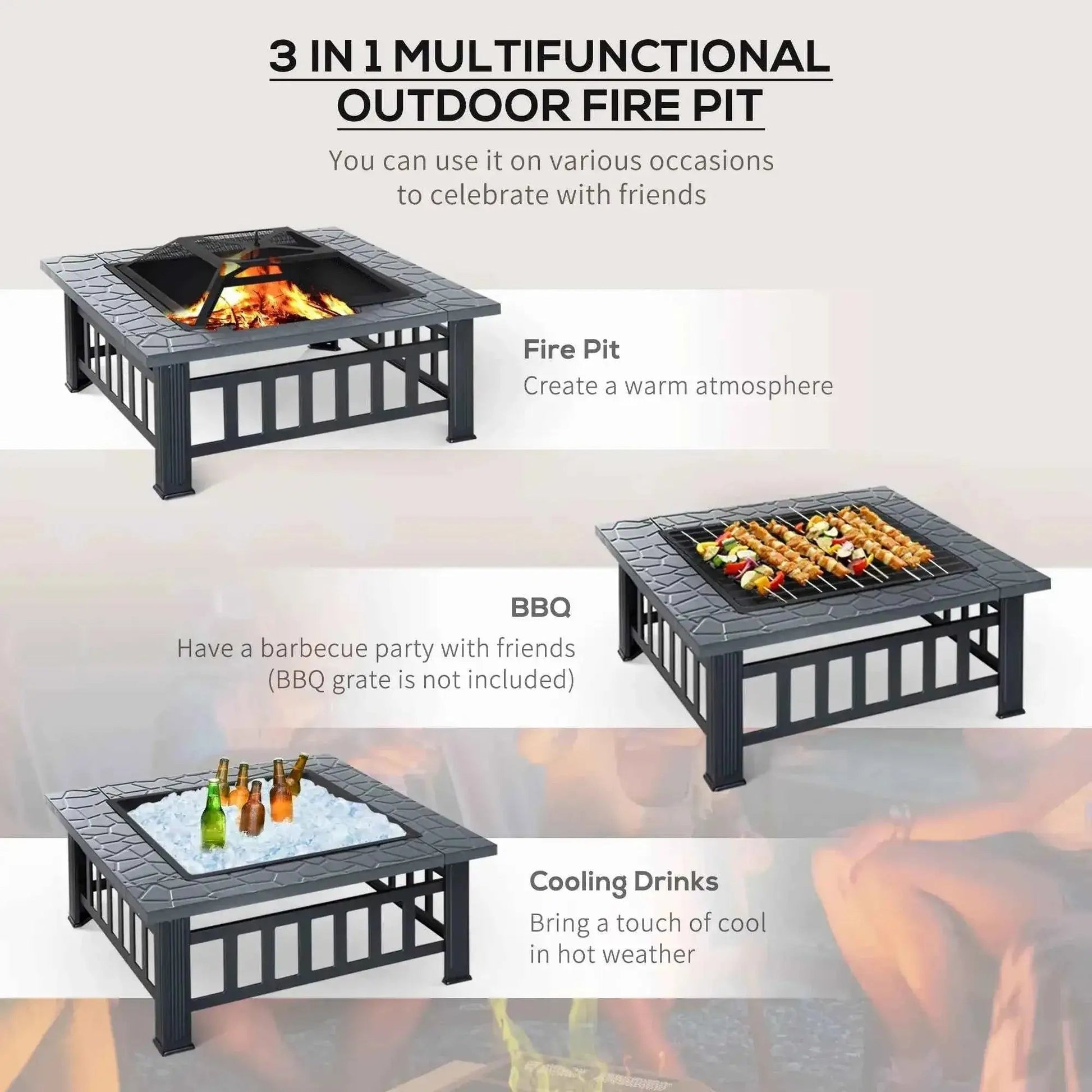 Outsunny Square Fire Pit with Lid, Log Grate & Poker - Black | 842-073