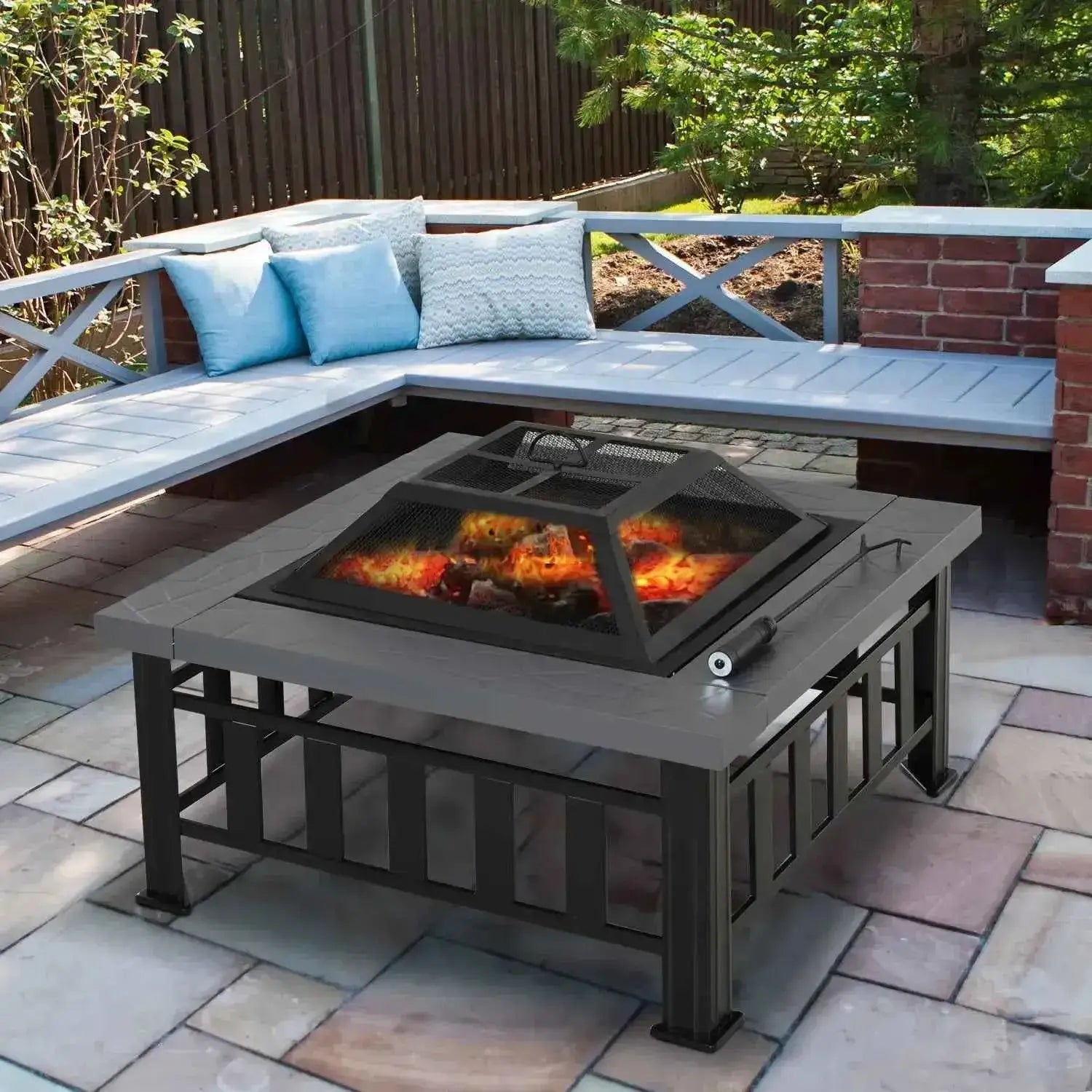 Outsunny Square Fire Pit with Lid, Log Grate & Poker - Black | 842-073