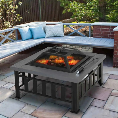 Outsunny Square Fire Pit with Lid, Log Grate & Poker - Black | 842-073