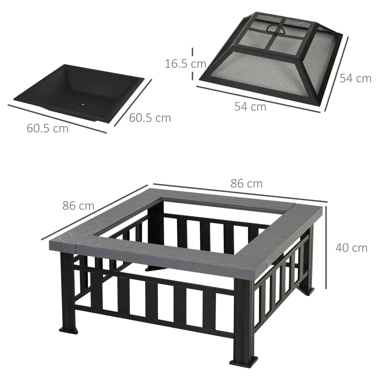 Outsunny Square Fire Pit with Lid, Log Grate & Poker - Black | 842-073