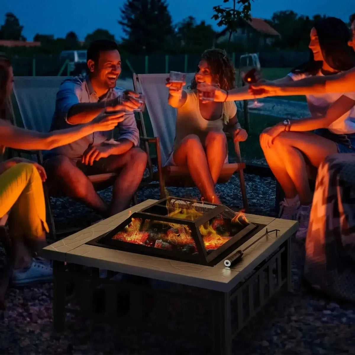 Outsunny square fire pit with black metal frame light wooden top and open flame for outdoor heating and ambiance