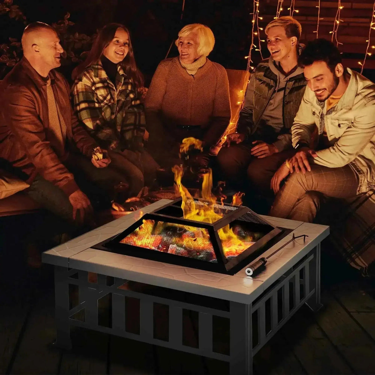 Outsunny square white fire pit with black metal grate and flames inside includes lid log grate and poker