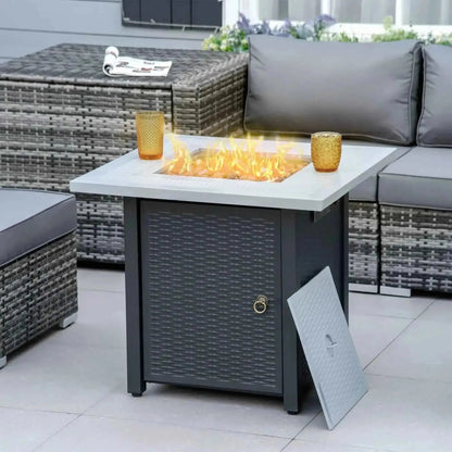 Outsunny square propane gas fire pit table with gray wicker base white top and burning flames 40000 btu black grey