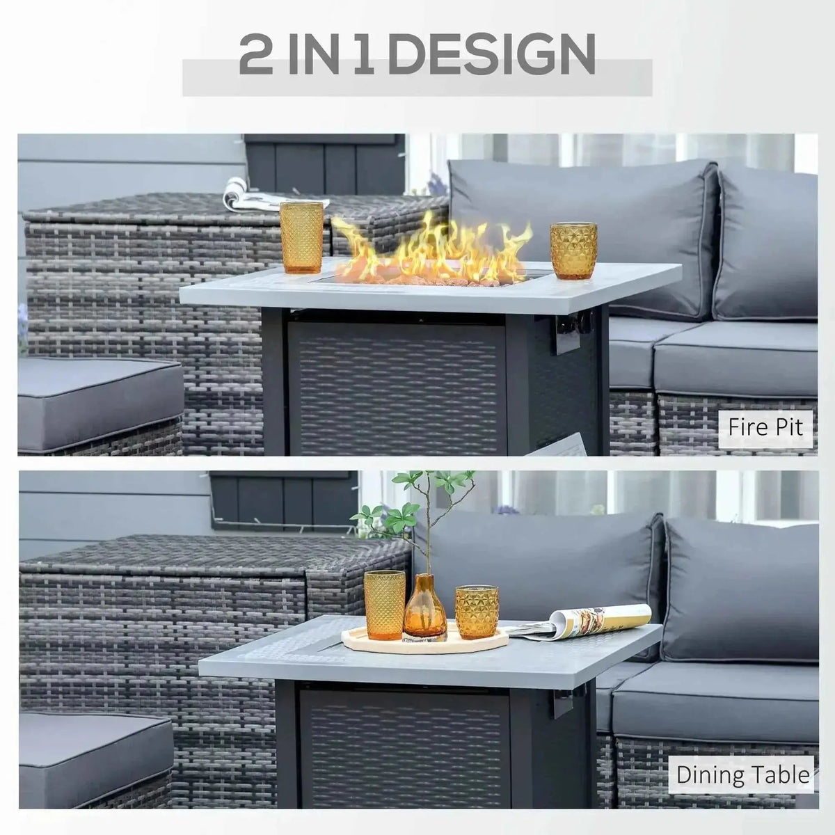Outsunny square propane gas fire pit table in black wicker with gray stone top doubles as dining table 40000 btu