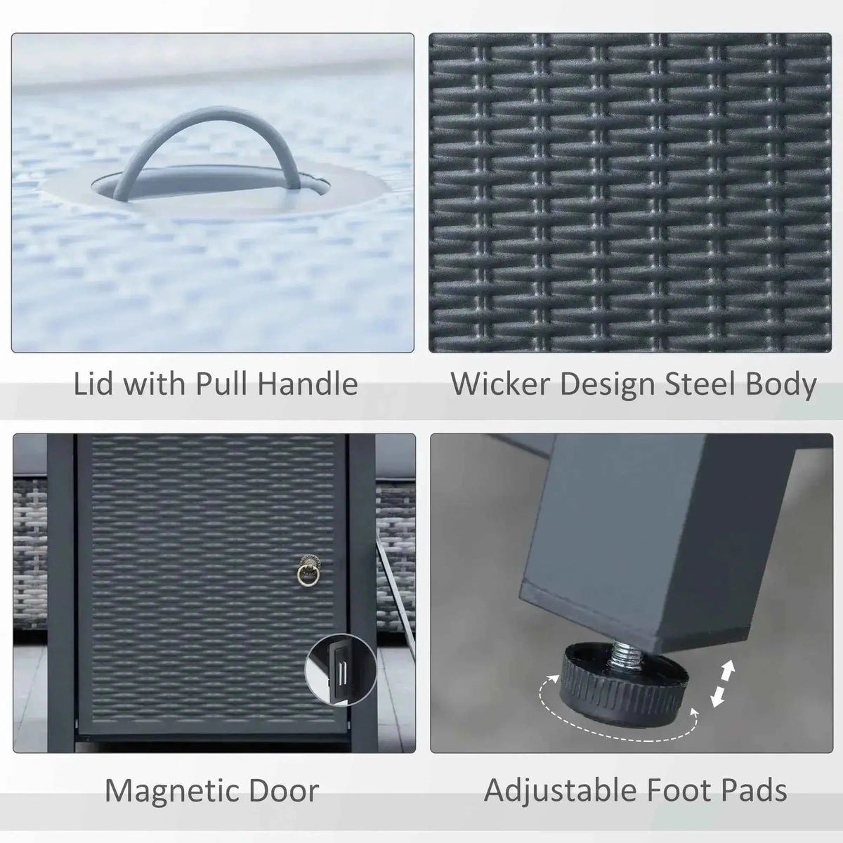Dark gray wicker-design steel storage cabinet with pull handle lid magnetic door and adjustable foot pads for outsunny fire pit table