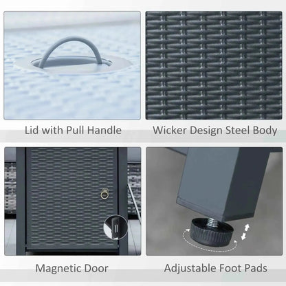 Dark gray wicker-design steel storage cabinet with pull handle lid magnetic door and adjustable foot pads for outsunny fire pit table