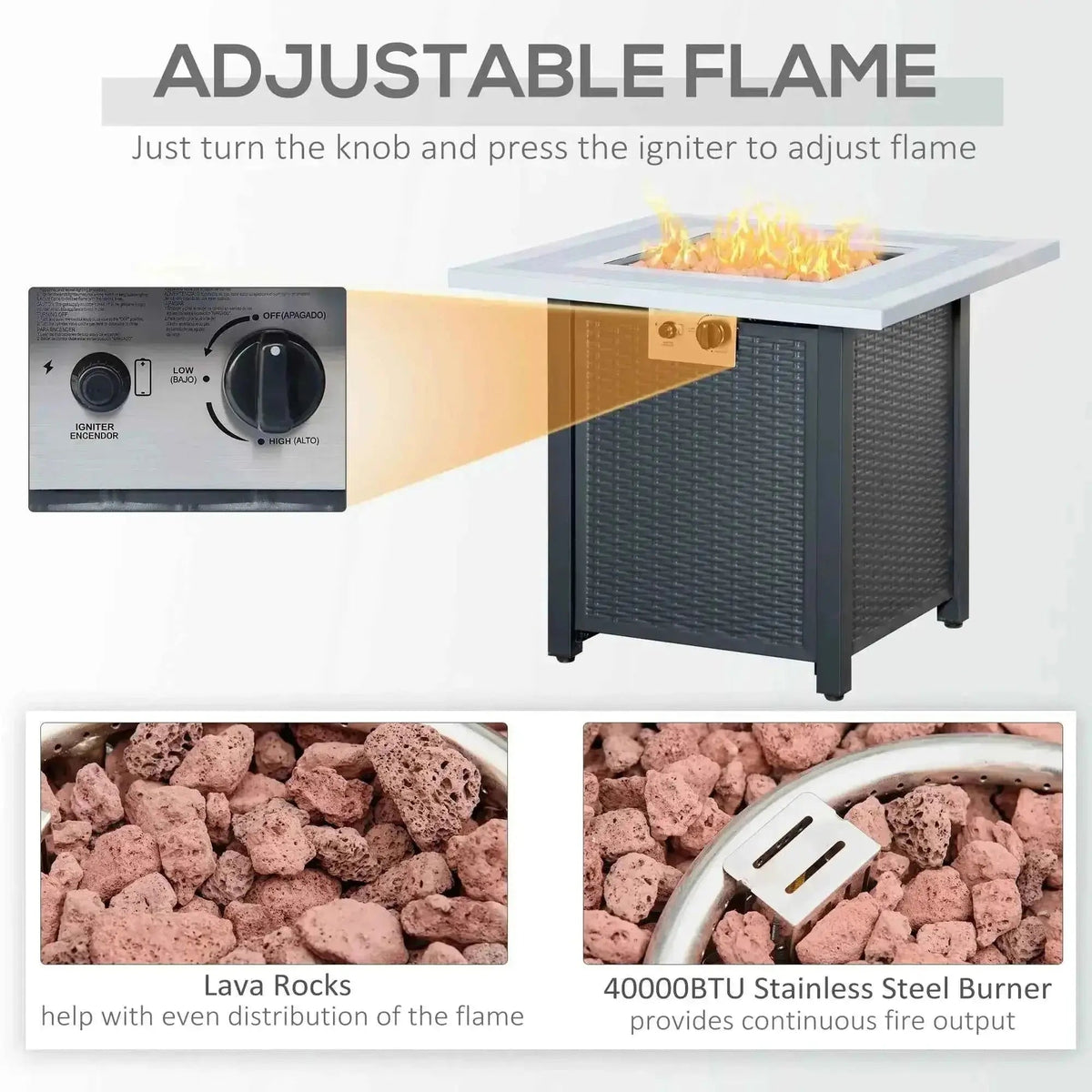 Outsunny square propane gas fire pit table in black wicker with white stone top and adjustable flame control knobs