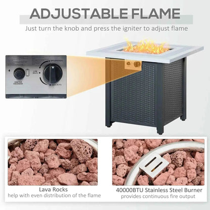 Outsunny square propane gas fire pit table in black wicker with white stone top and adjustable flame control knobs