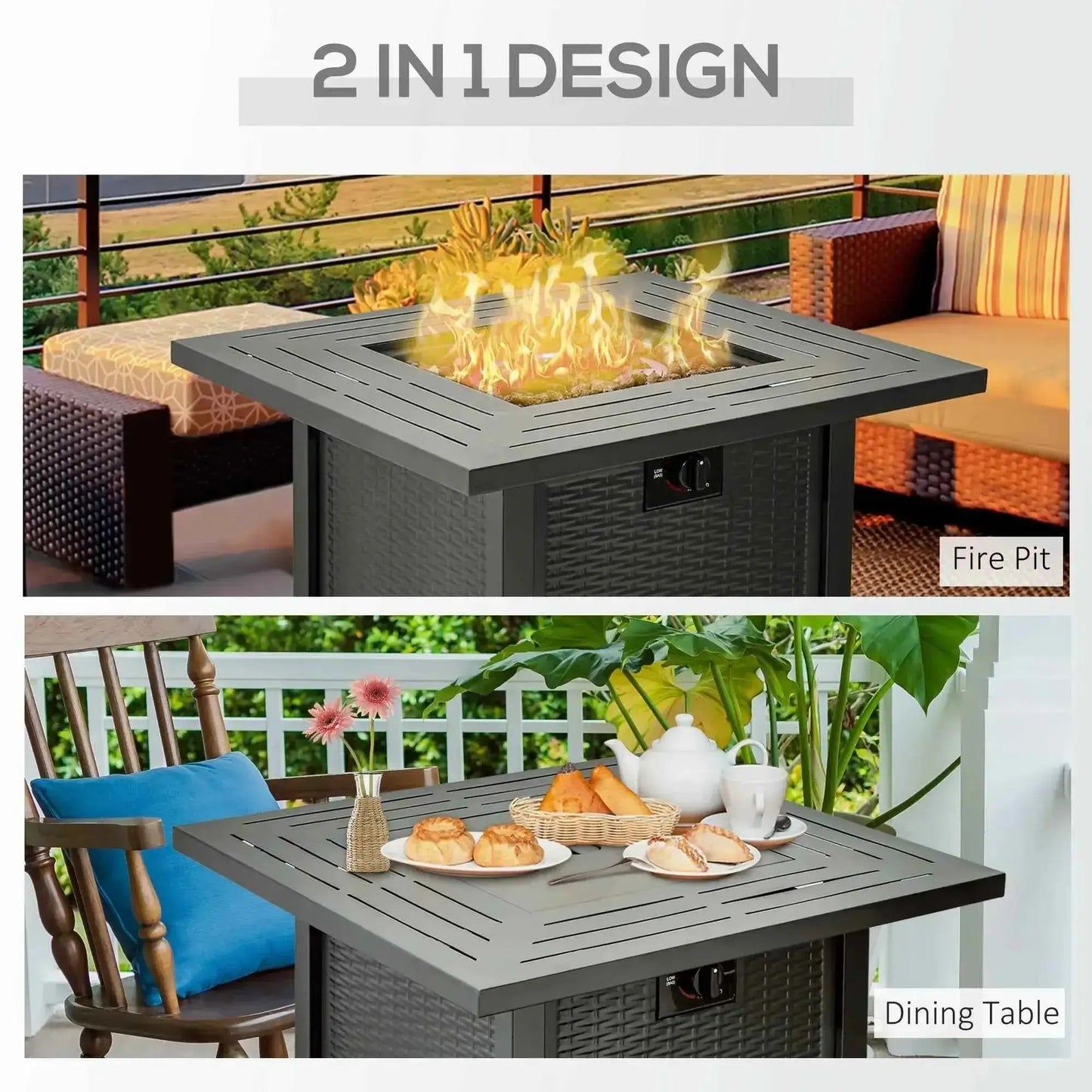 Outsunny Square Propane Gas Fire Pit Table, 40,000 BTU with Cover - Black | 842-260V70