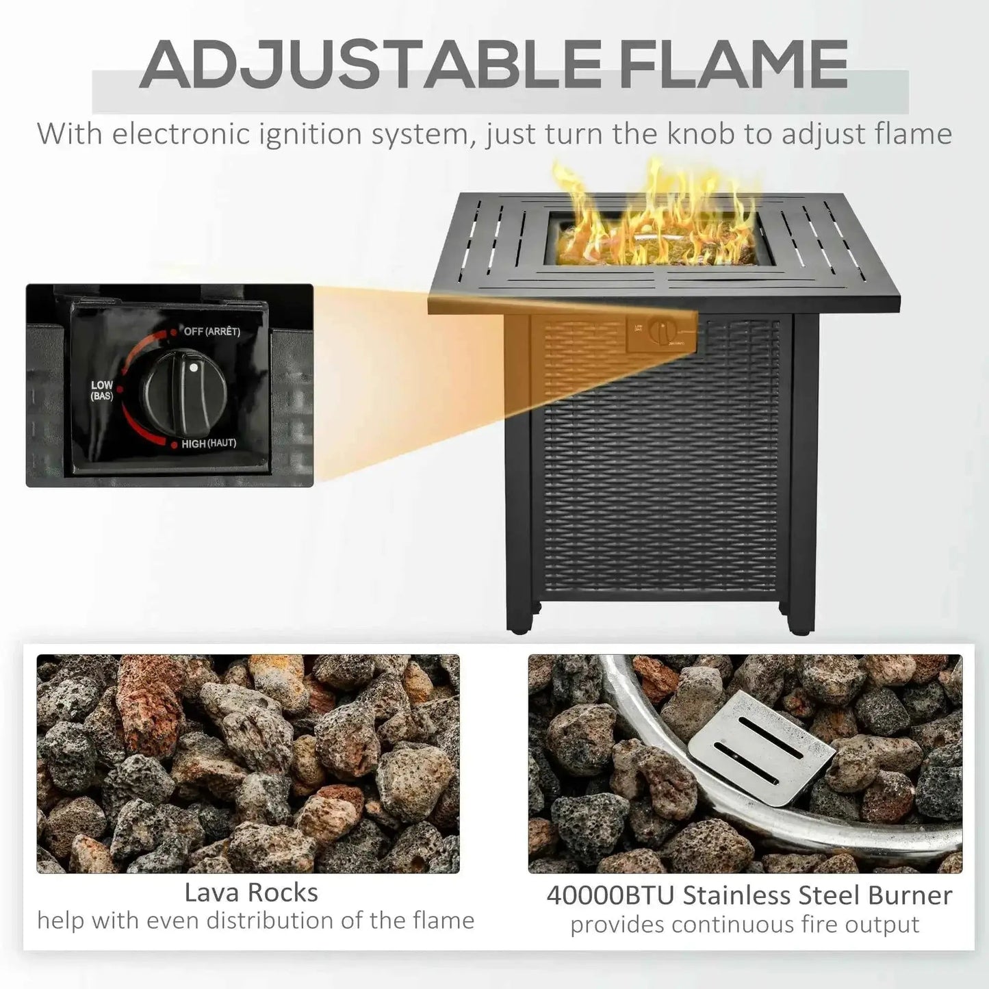 Outsunny Square Propane Gas Fire Pit Table, 40,000 BTU with Cover - Black | 842-260V70