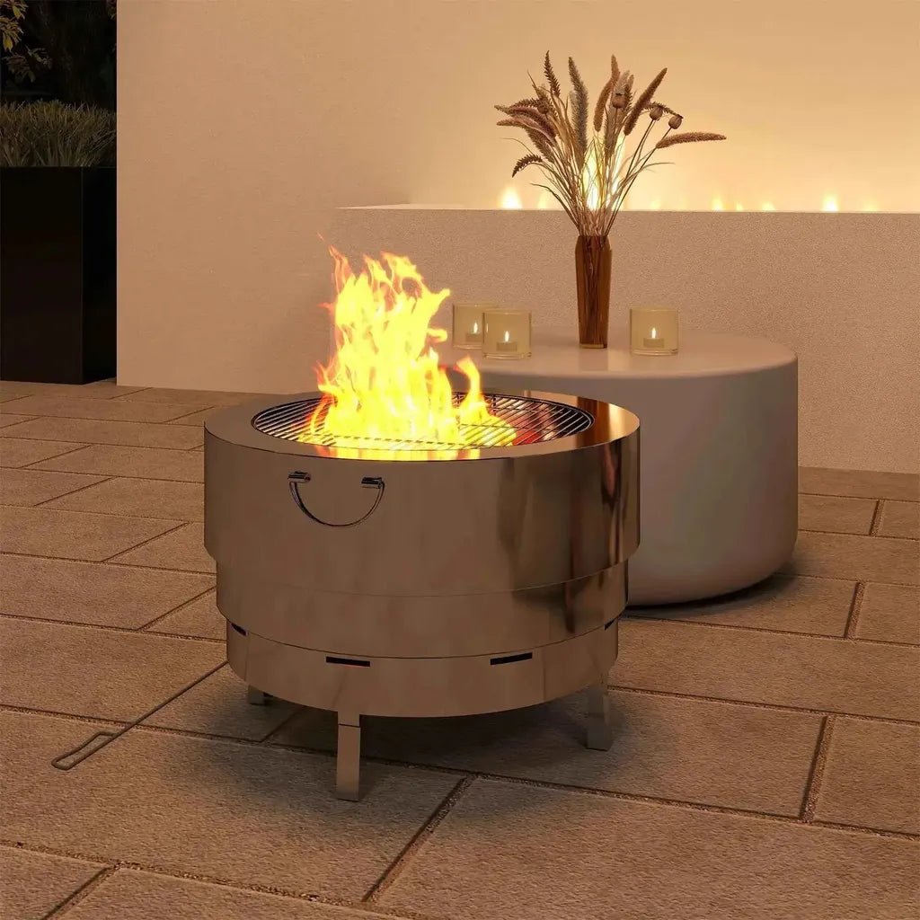 Outsunny stainless steel wood-burning fire pit with a shiny silver cylindrical body and circular grill top on four legs