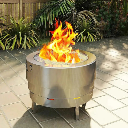 Outsunny stainless steel silver cylindrical wood-burning fire pit with built-in grill grate and fire poker on four legs