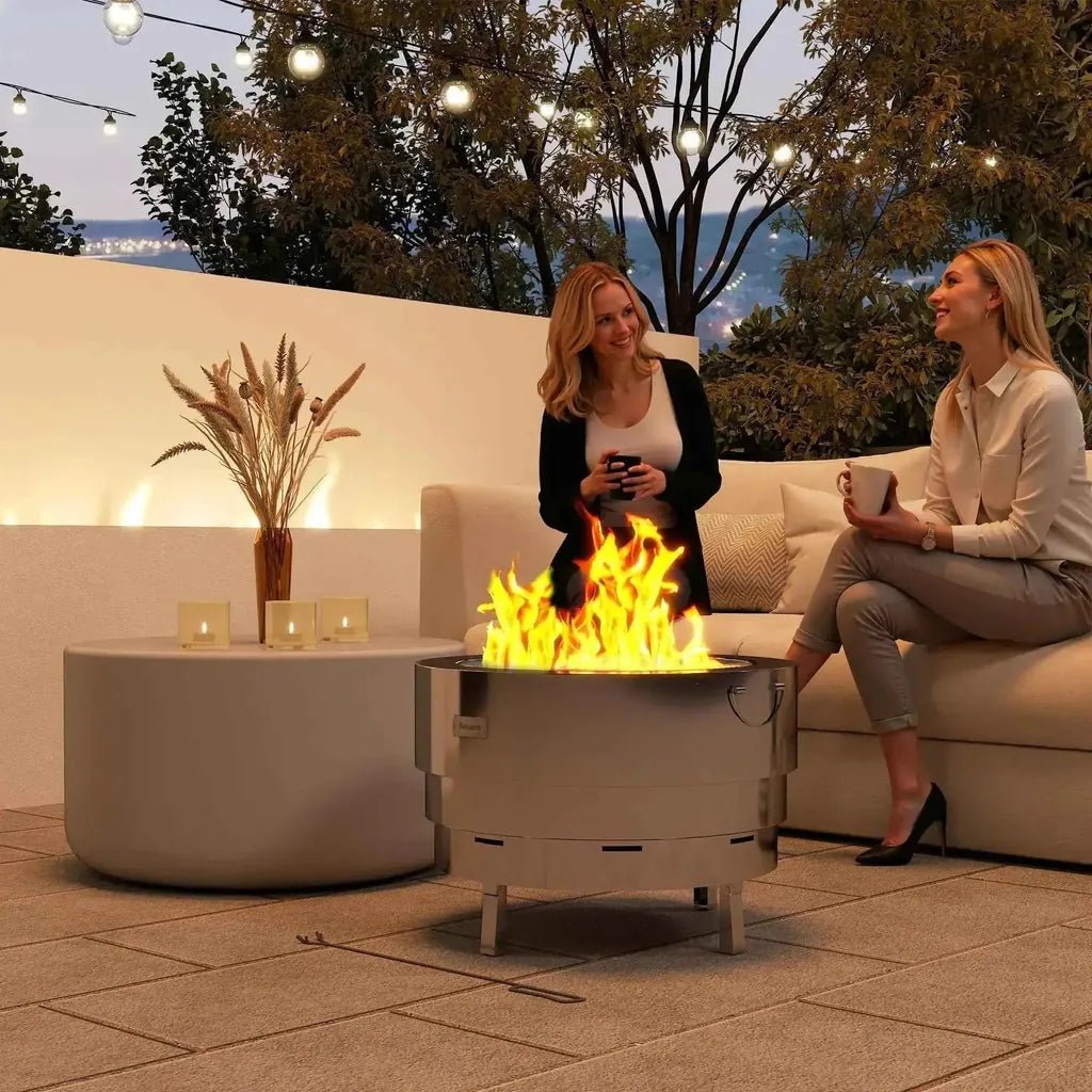 Outsunny stainless steel silver cylindrical wood-burning fire pit with four legs and side handle with fire poker