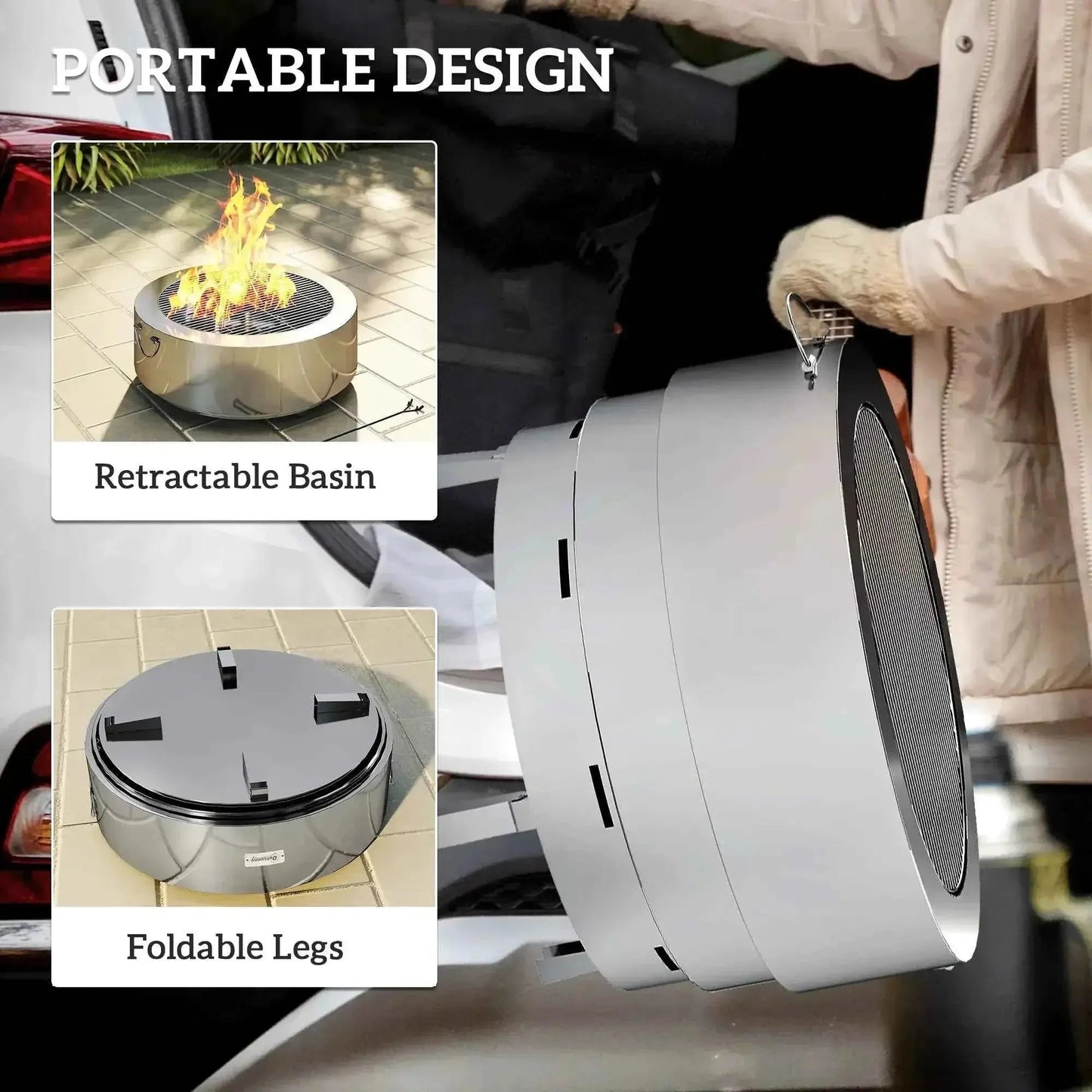 Outsunny stainless steel portable round wood-burning fire pit with retractable basin and foldable legs in silver