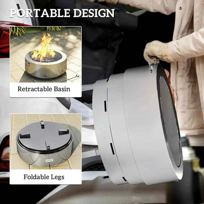Outsunny stainless steel portable round wood-burning fire pit with retractable basin and foldable legs in silver