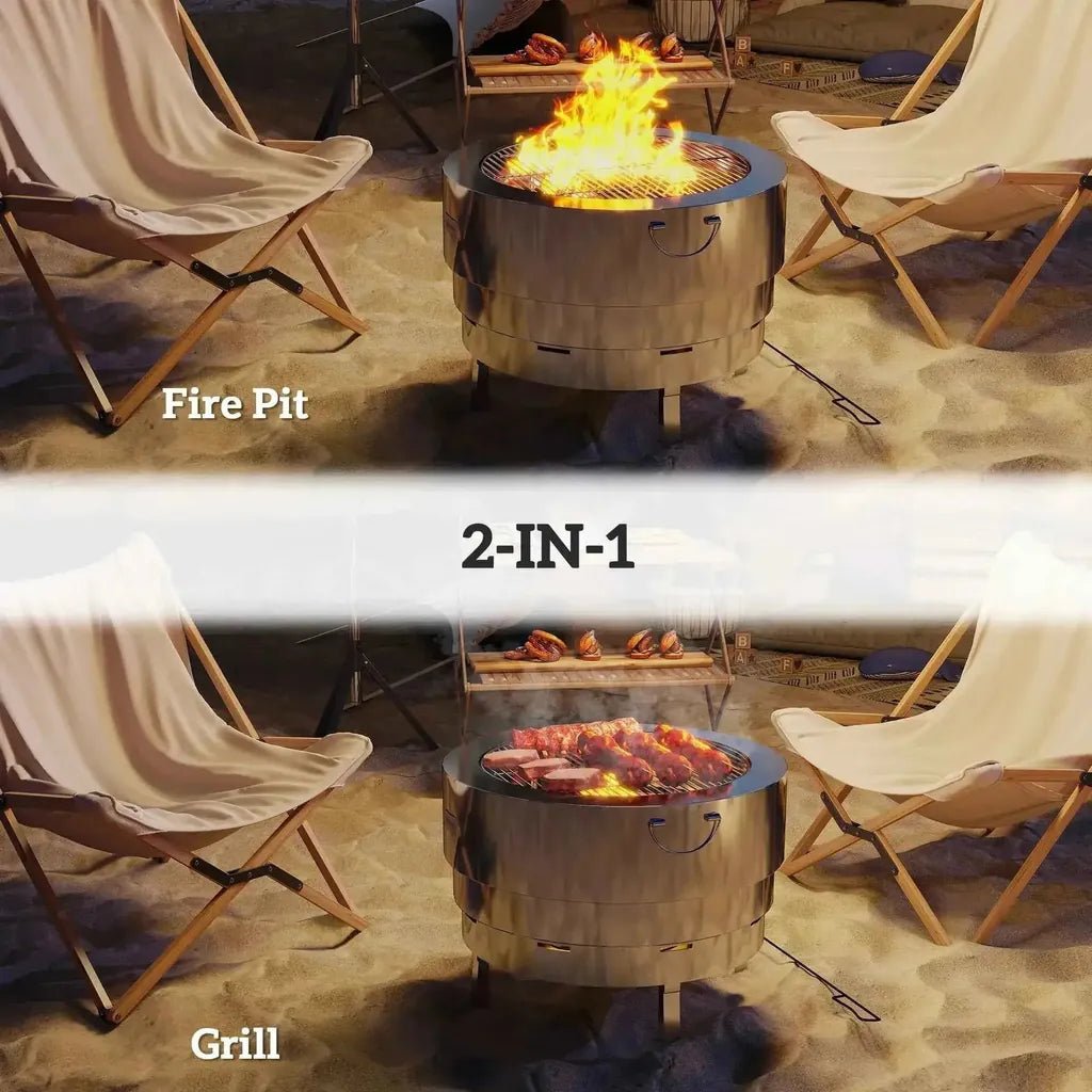 Outsunny stainless steel silver cylindrical fire pit and grill with circular grate for warmth and cooking