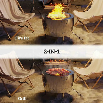 Outsunny stainless steel silver cylindrical fire pit and grill with circular grate for warmth and cooking