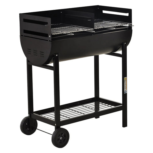 Black metal charcoal grill by outsunny with wheels and lower shelf for easy outdoor barbecue cooking