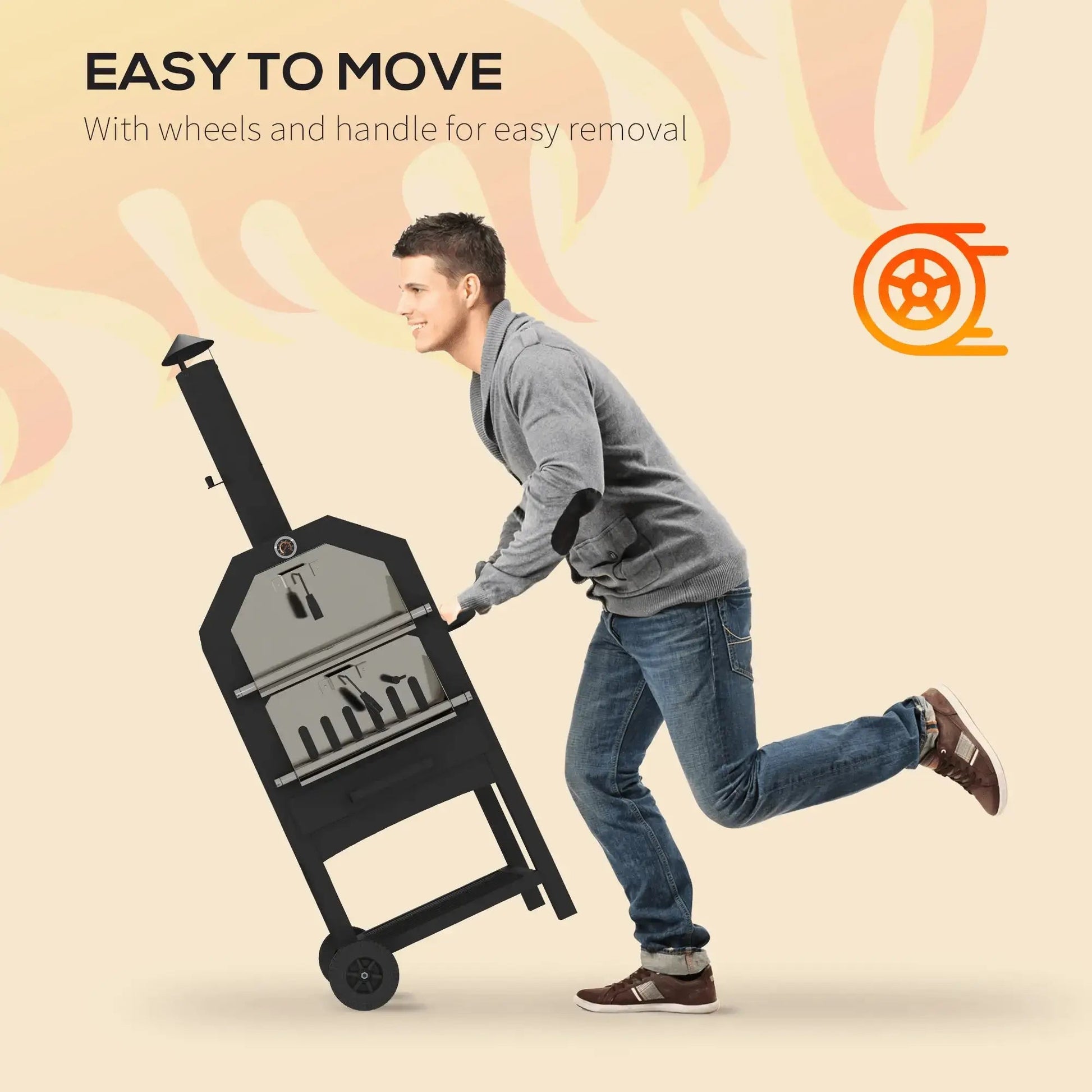 Outsunny steel 3-tier outdoor black pizza oven charcoal bbq grill with wheels and handle for easy mobility