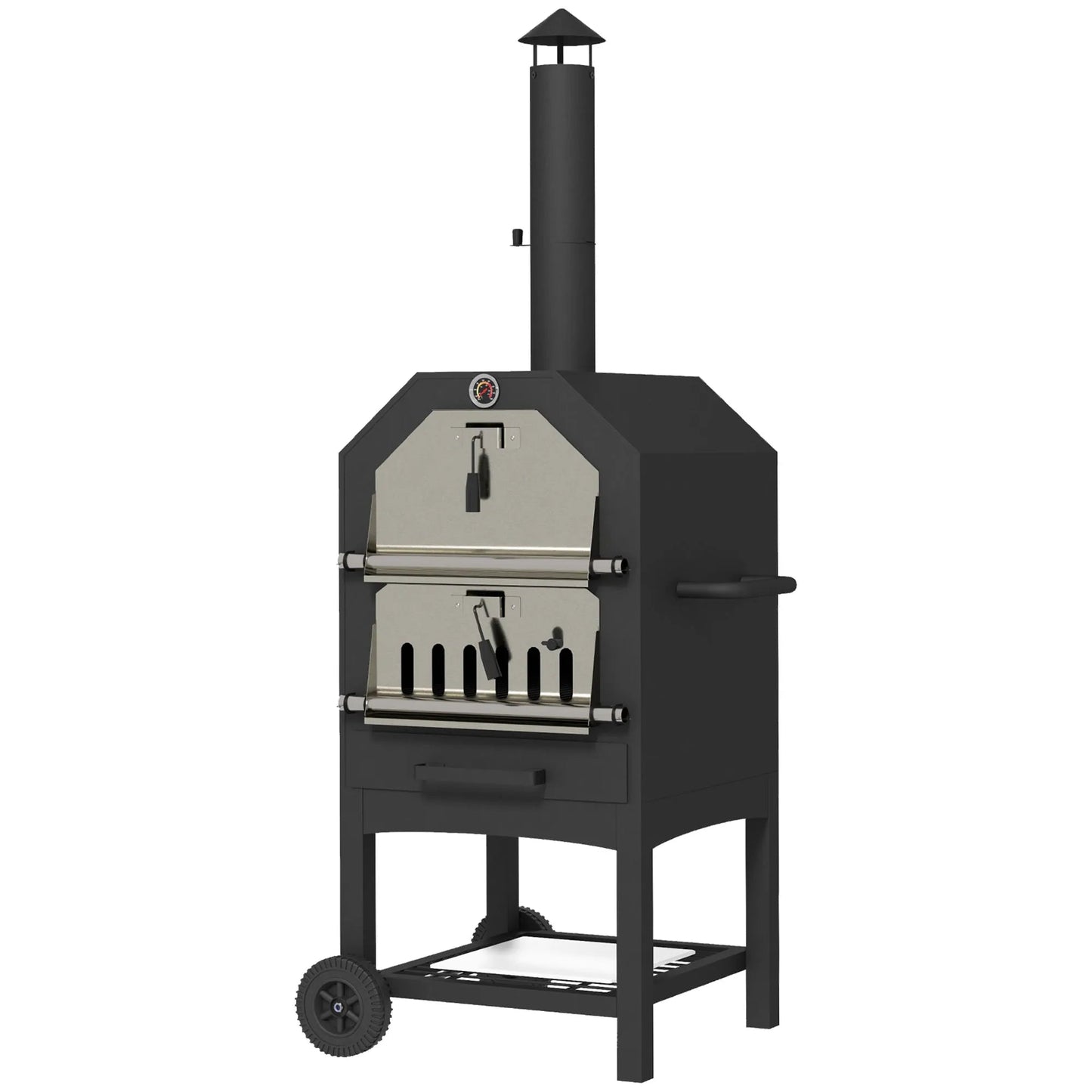 Black outsunny steel 3-tier outdoor pizza oven with stainless steel door chimney on wheeled charcoal grill stand